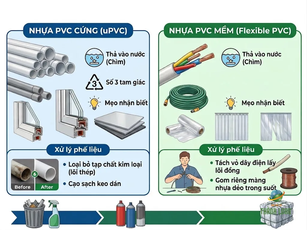 Infographic so sánh PVC cứng và PVC mềm, cách nhận biết và phân loại phế liệu