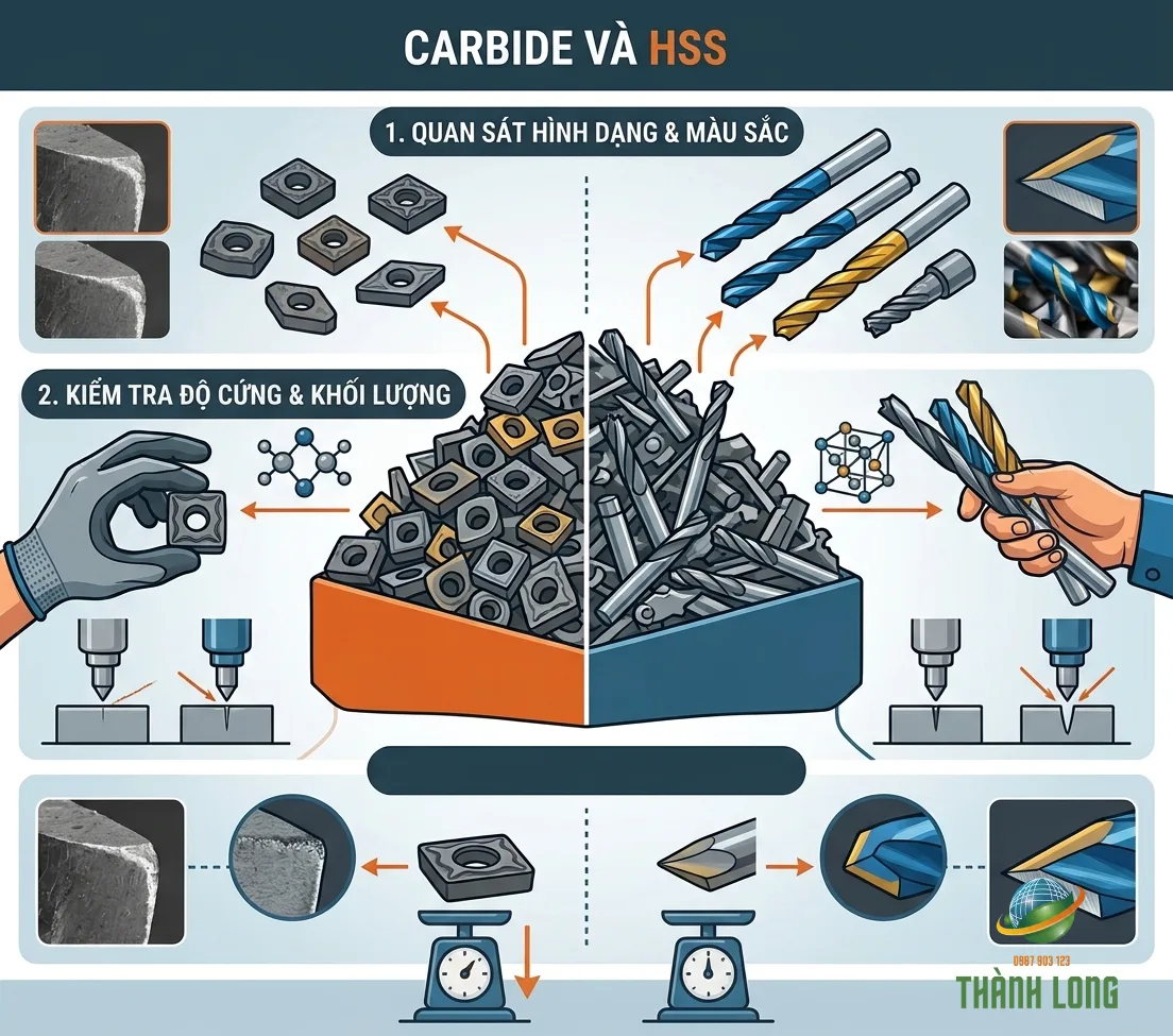 Infographic phân biệt dao carbide và thép gió HSS qua hình dạng, độ cứng và khối lượng
