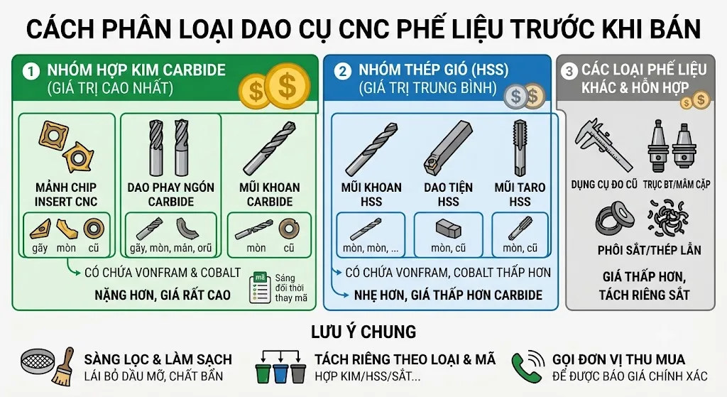 nfographic phân loại dao cụ CNC phế liệu thành carbide, HSS và sắt thép lẫn