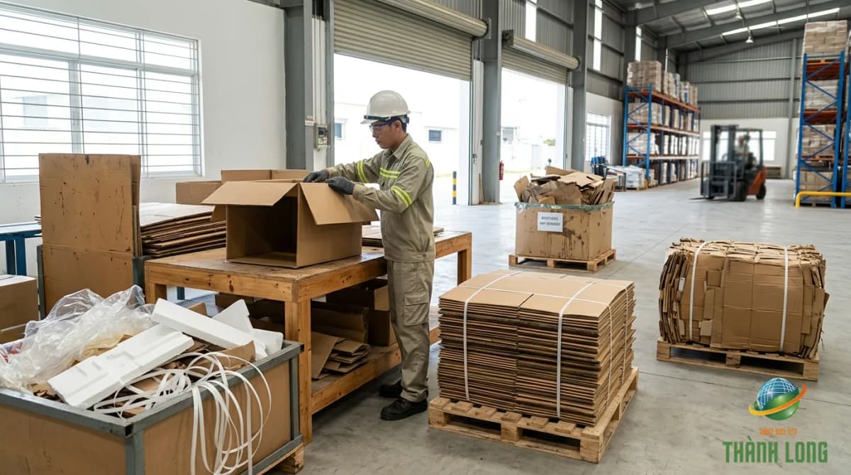 Quy trình phân loại và tập kết carton phế liệu tại kho xưởng