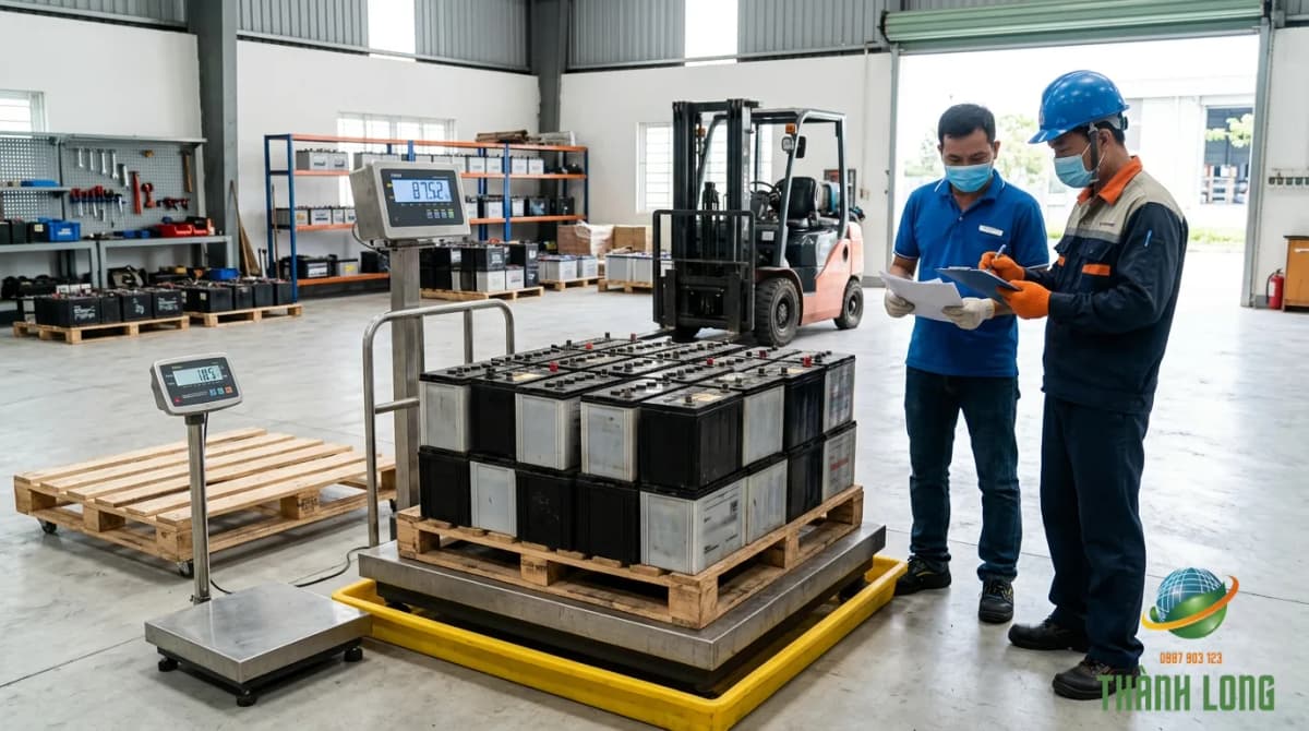 Cân lô bình ắc quy phế liệu trên pallet và đối chiếu khối lượng bì