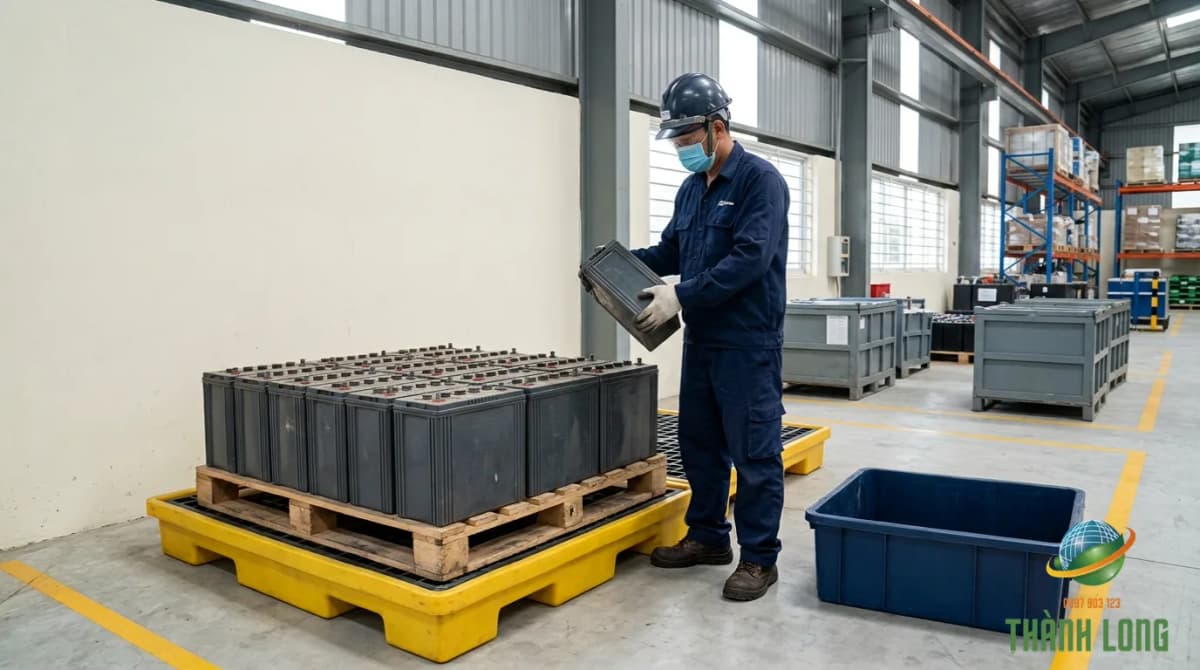 Bình ắc quy cũ được xếp đứng trên pallet và lưu giữ trong khay chống tràn