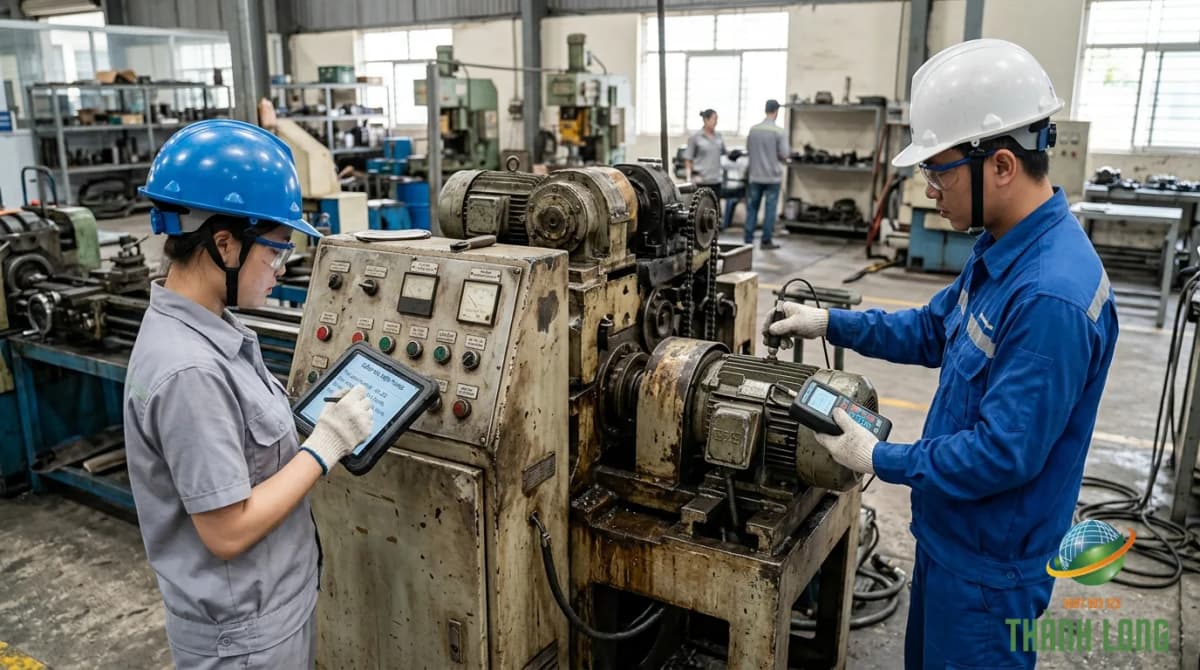 Kỹ sư kiểm tra độ rung, motor và bảng điều khiển của máy móc cũ