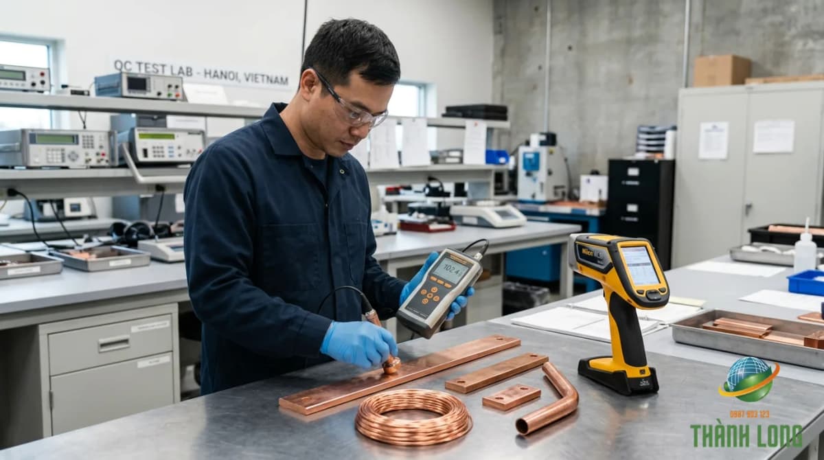 Kỹ thuật viên kiểm tra đồng bằng máy đo độ dẫn điện và máy XRF