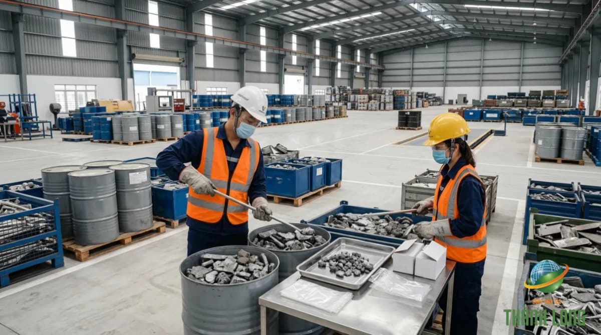 Kỹ thuật viên lấy mẫu xỉ thiếc từ nhiều thùng trong lô lớn