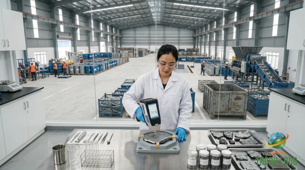 Kỹ thuật viên phòng thí nghiệm phân tích mẫu xỉ thiếc bằng XRF