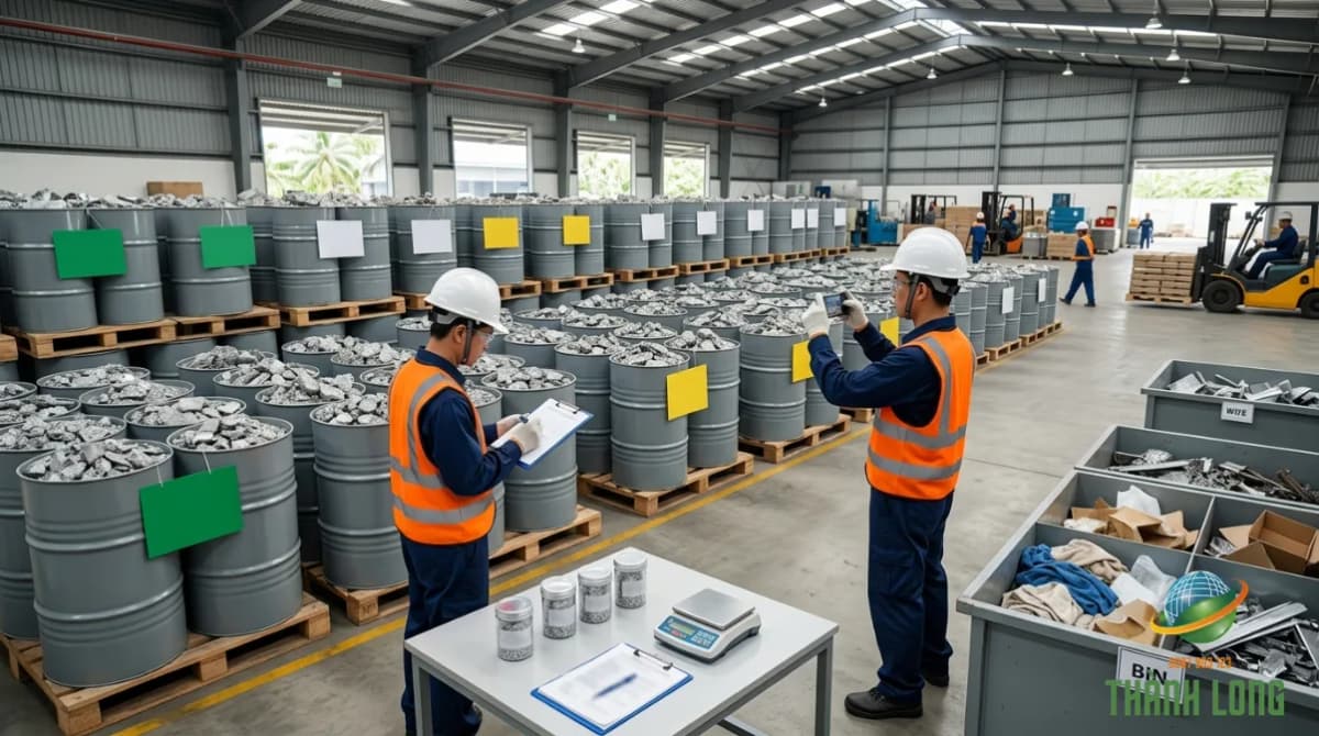 Nhân viên kiểm tra và chụp toàn cảnh lô xỉ thiếc trước khi báo giá