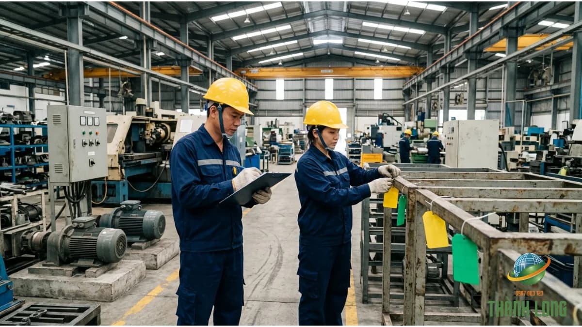 Nhân sự nhà máy kiểm kê và đánh dấu tài sản thuộc phạm vi thanh lý