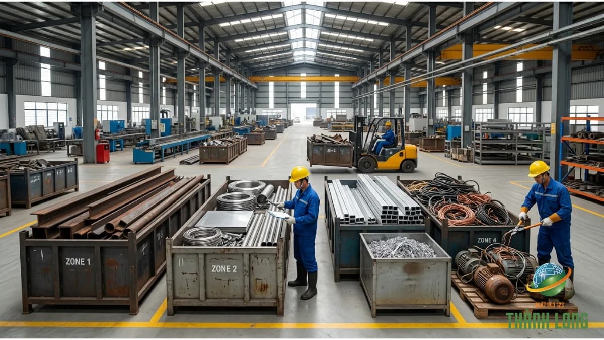 Các lô sắt, inox, nhôm và dây cáp được phân loại riêng trong nhà xưởng