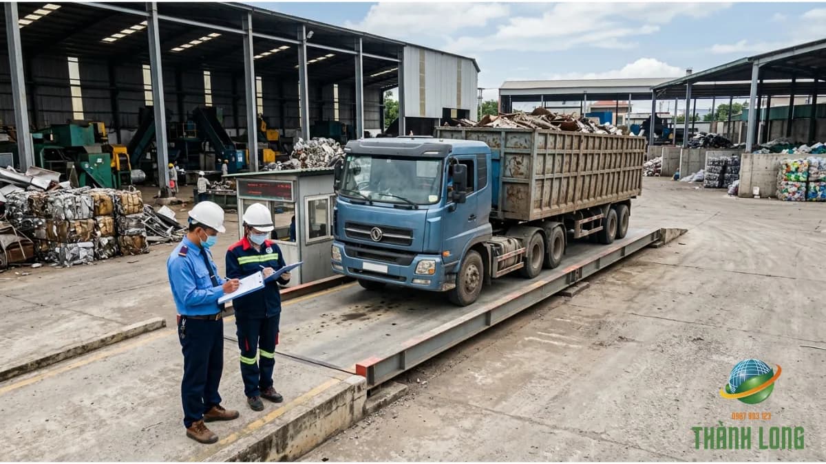 Xe tải chở phế liệu được cân và giám sát tại nhà máy