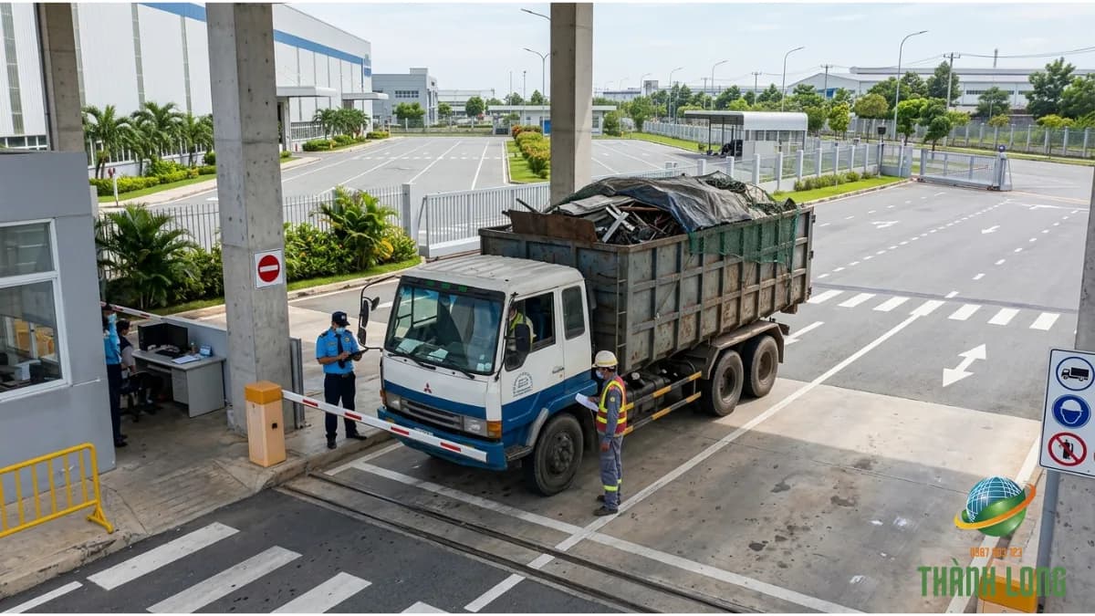 Xe tải thu gom phế liệu làm thủ tục vào khu công nghiệp