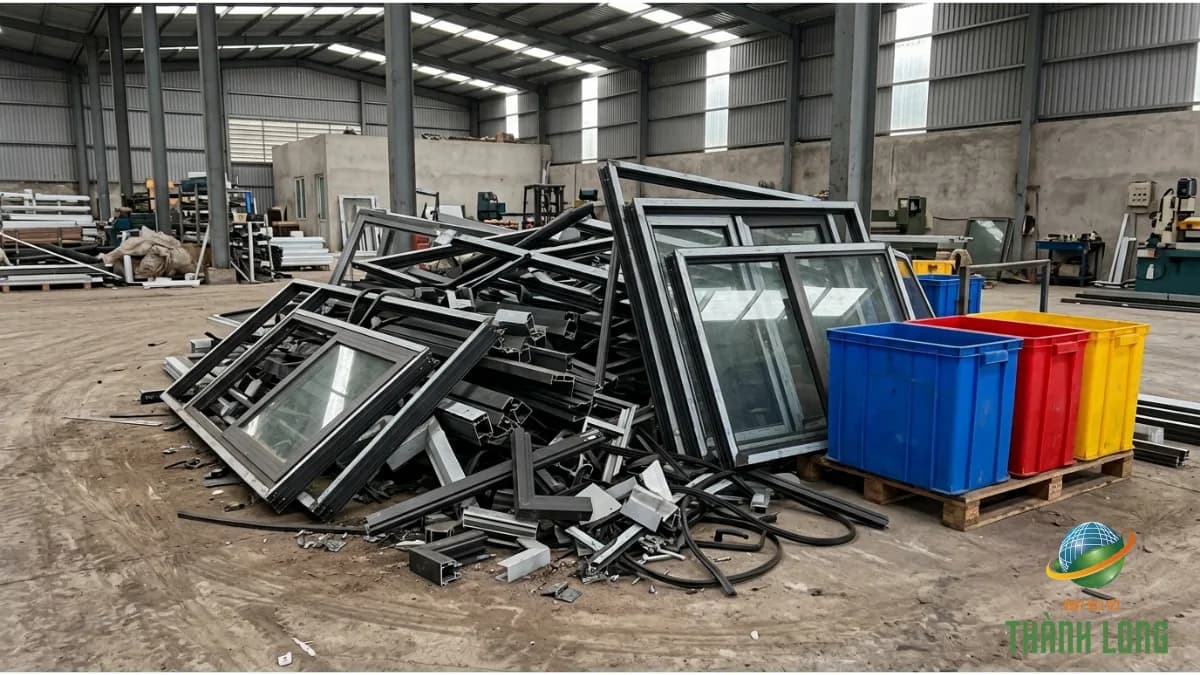 Nhôm Xingfa phế liệu bị trộn với kính, gioăng và phụ kiện