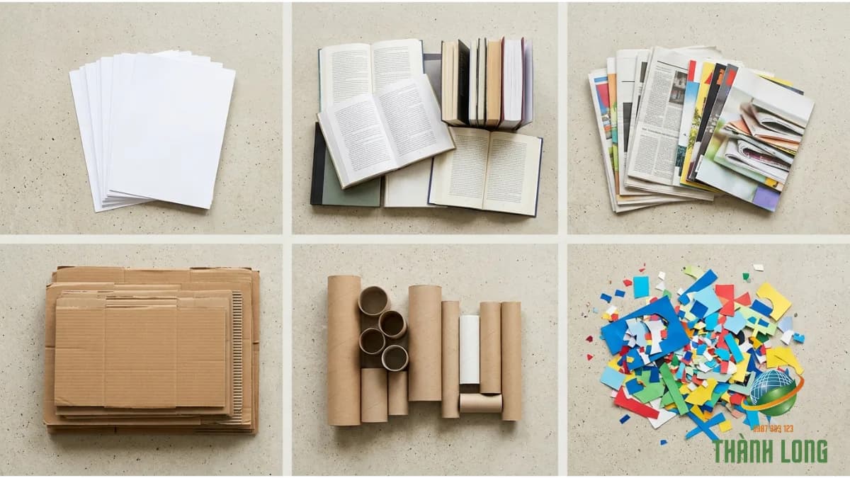 Sáu nhóm giấy vụn xếp riêng: giấy trắng, sách vở, báo, carton, lõi giấy và giấy màu