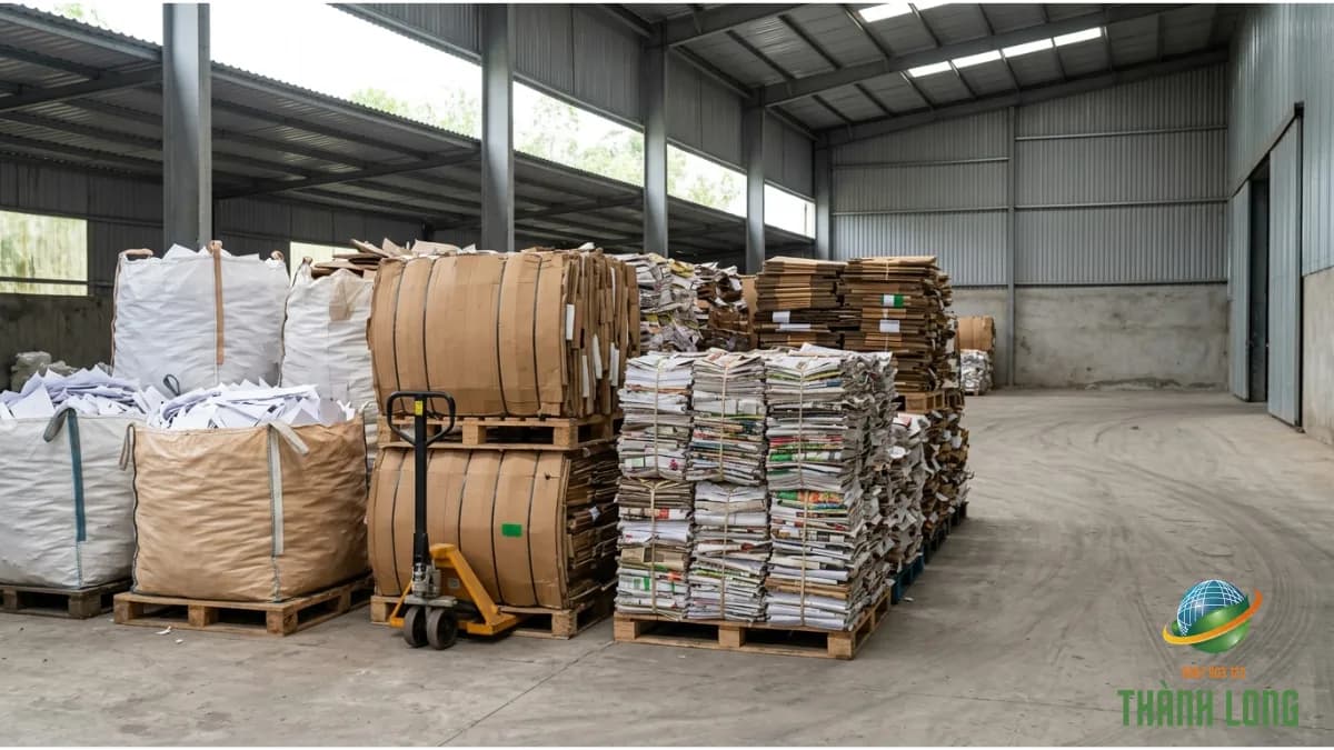 Giấy vụn đóng bao, buộc kiện và kê trên pallet trong kho khô ráo, sẵn sàng thu gom