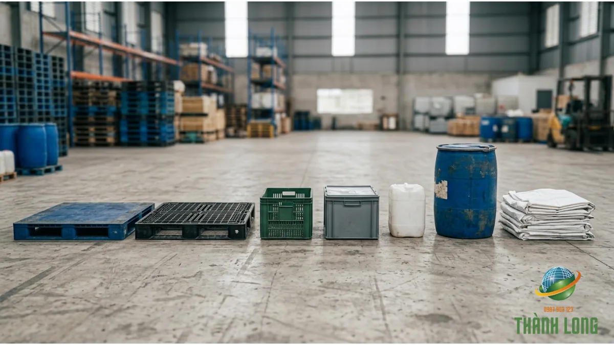 Các loại pallet nhựa, sóng nhựa, thùng nhựa đặc, can nhựa, phuy nhựa và bao jumbo thường gặp