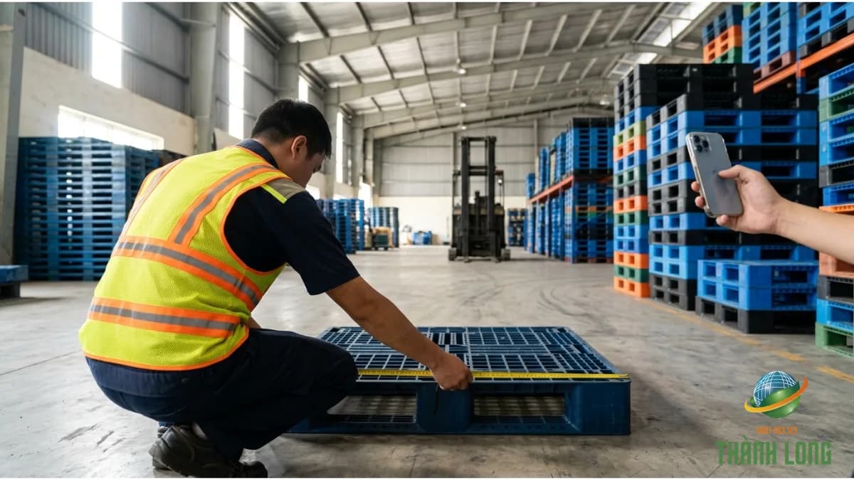 Đo kích thước và chụp ảnh lô pallet nhựa cũ đã phân nhóm trước khi gửi báo giá