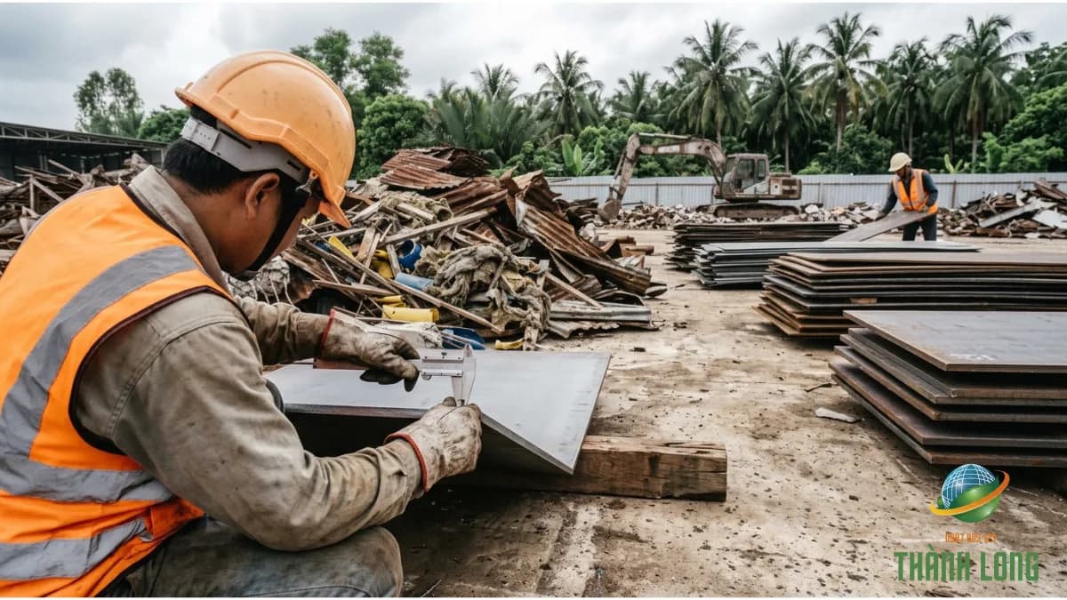 Đo độ dày thép và chia sắt phế liệu thành từng đống theo hạng tại nhà xưởng