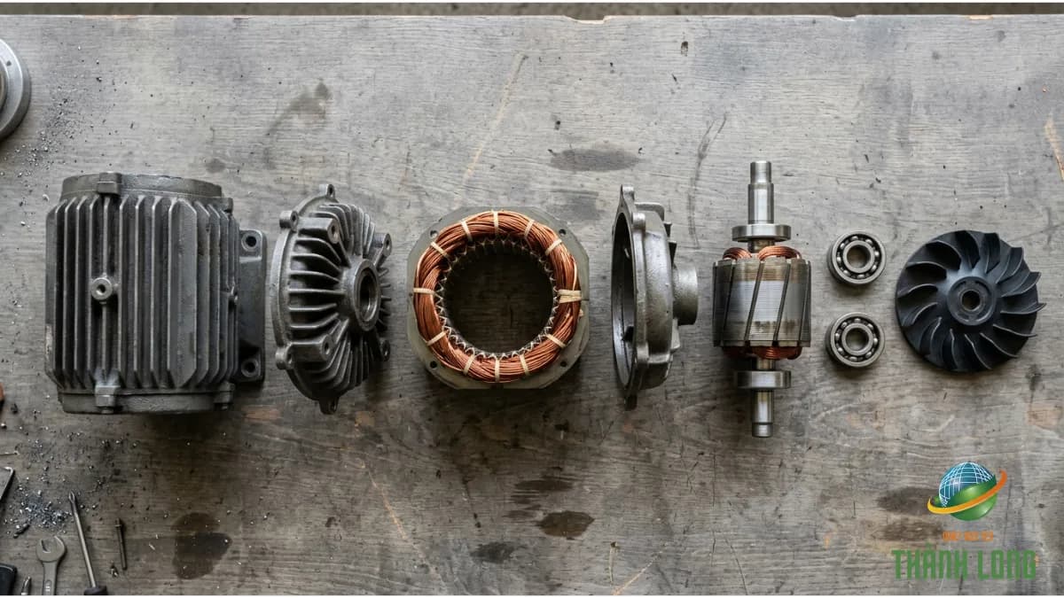 Motor điện tháo rời gồm vỏ gang, nắp, stator có bối dây đồng, rotor, trục và bạc đạn