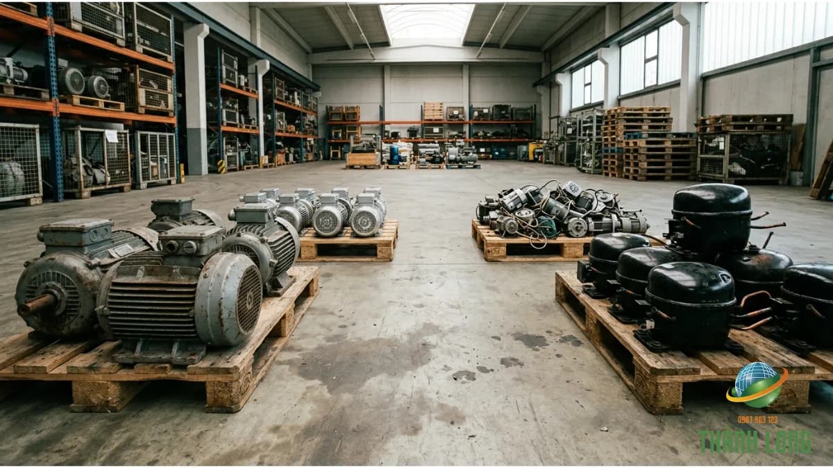 Lô motor phế liệu chia nhóm vỏ gang, vỏ nhôm, motor dân dụng và lốc máy nén