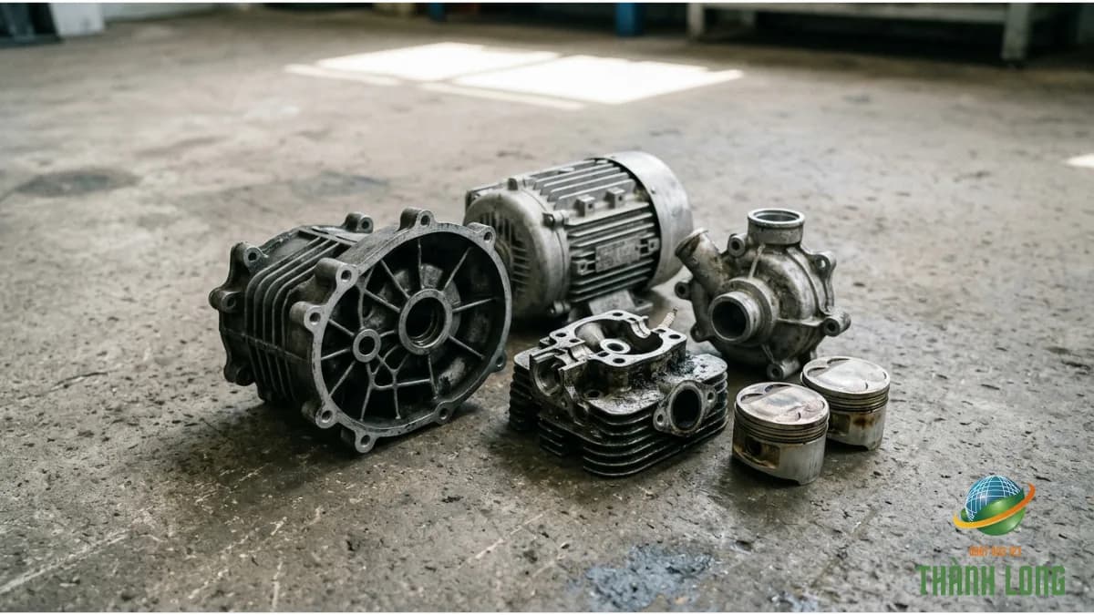 Nhôm máy phế liệu gồm vỏ hộp số, đầu bò xe máy, piston và vỏ motor nhôm đúc