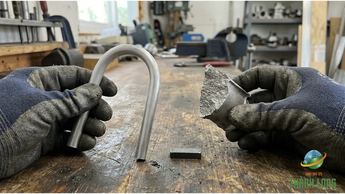 Thử bẻ nhôm: nhôm dẻo uốn cong không gãy, nhôm máy gãy giòn với mặt gãy xám có hạt