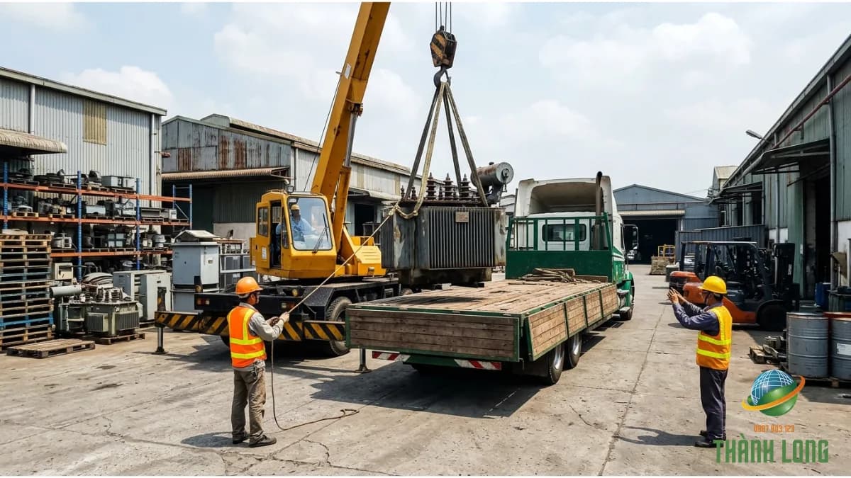 Xe cẩu nâng máy biến áp cũ lên xe tải khi thanh lý trạm biến áp nhà xưởng