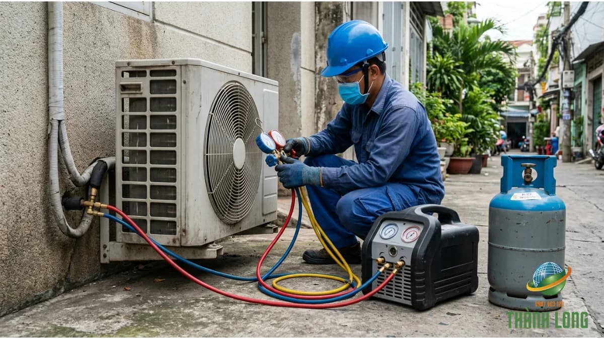 Thợ điện lạnh dùng máy thu hồi gas trước khi tháo cục nóng máy lạnh cũ