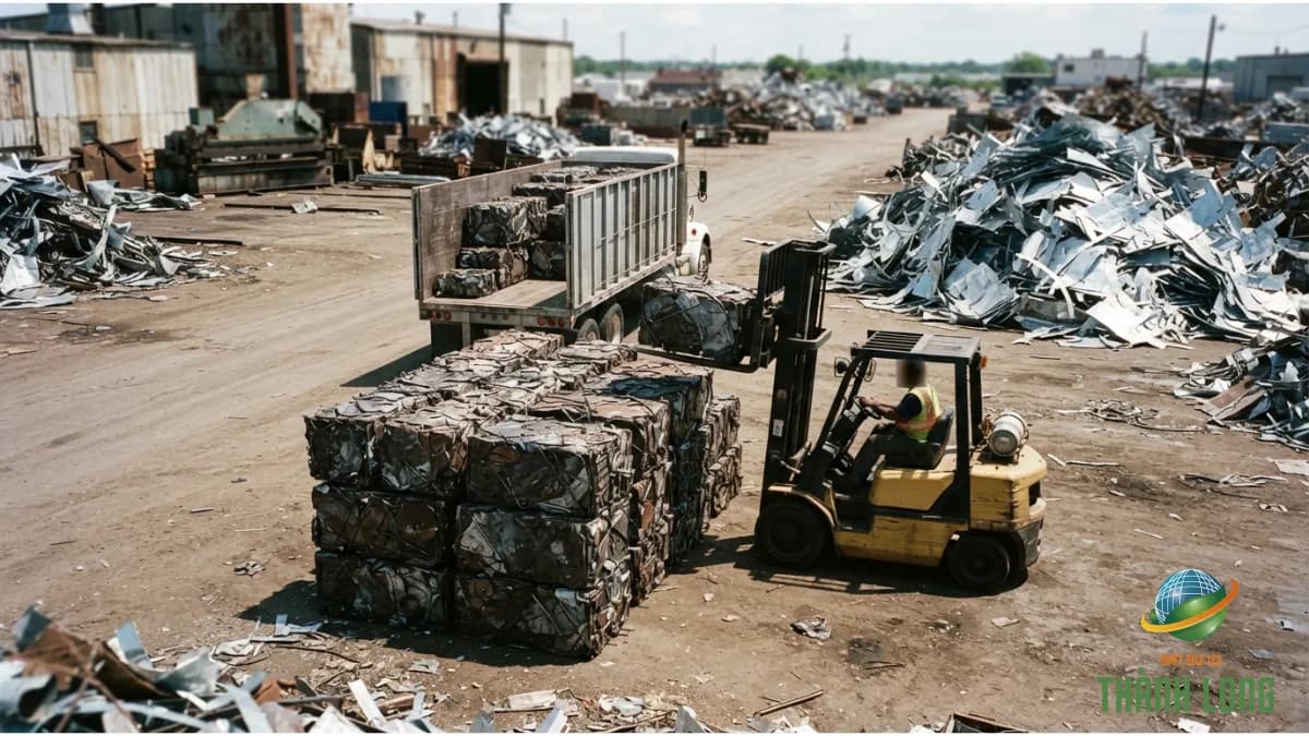 Sắt vụn ép kiện xếp gọn cạnh xe tải, phía sau là đống tôn mỏng chưa ép