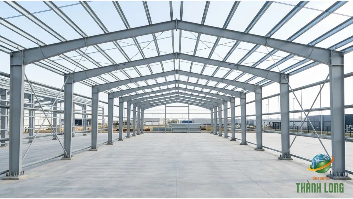 Khung nhà xưởng tiền chế gồm cột kèo thép tổ hợp, xà gồ C mạ kẽm và giằng thép tròn
