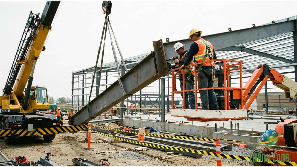 Xe cẩu giữ kèo thép trong lúc công nhân đeo dây an toàn tháo bulong trên xe nâng người
