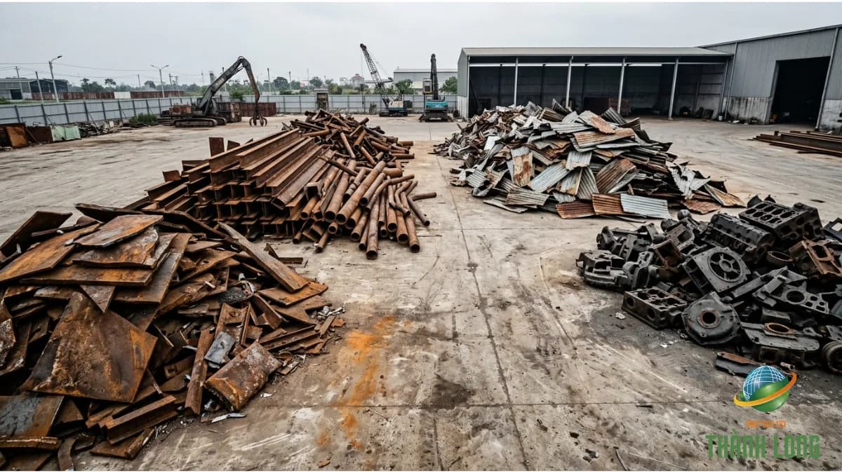 Sắt phế liệu chia đống theo hạng: thép dày, sắt công trình, tôn mỏng và gang