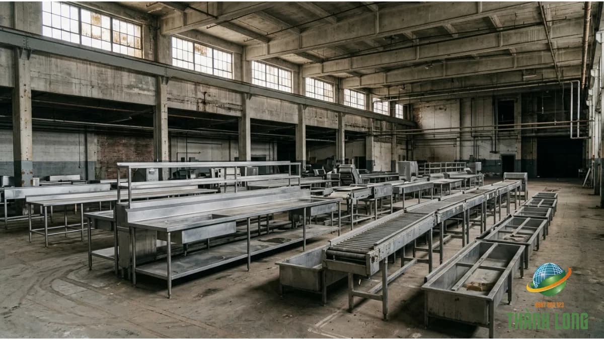 Bàn sơ chế, băng tải và máng dẫn inox từ nhà máy thủy sản chờ thanh lý