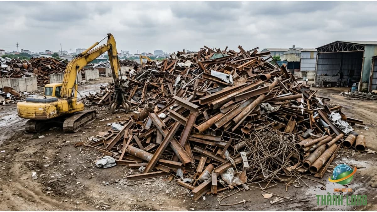 Đống sắt vụn chất rời nhiều khoảng rỗng giữa thép hình, ống và tôn tại bãi phế liệu