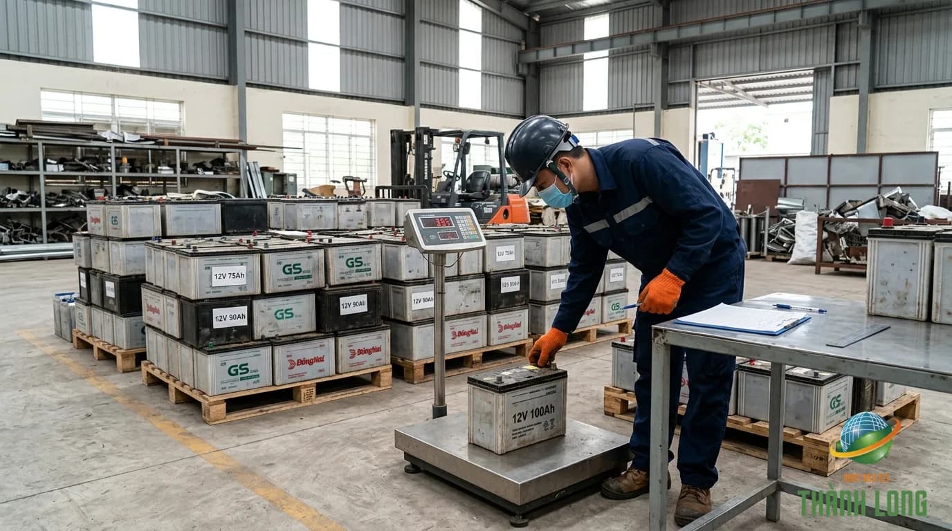Lô bình ắc quy cũ được phân loại và cân để xác định giá phế liệu