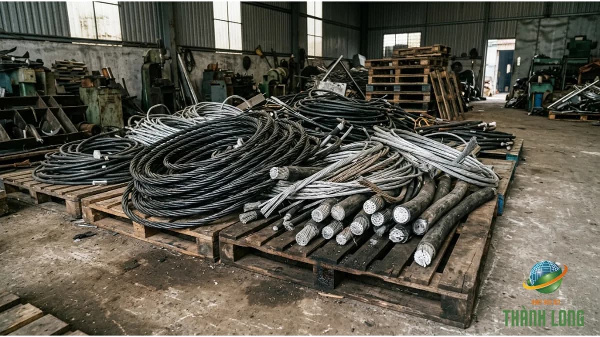 Cuộn cáp nhôm phế liệu gồm cáp vặn xoắn, dây nhôm trần và cáp nhôm bọc chờ phân loại