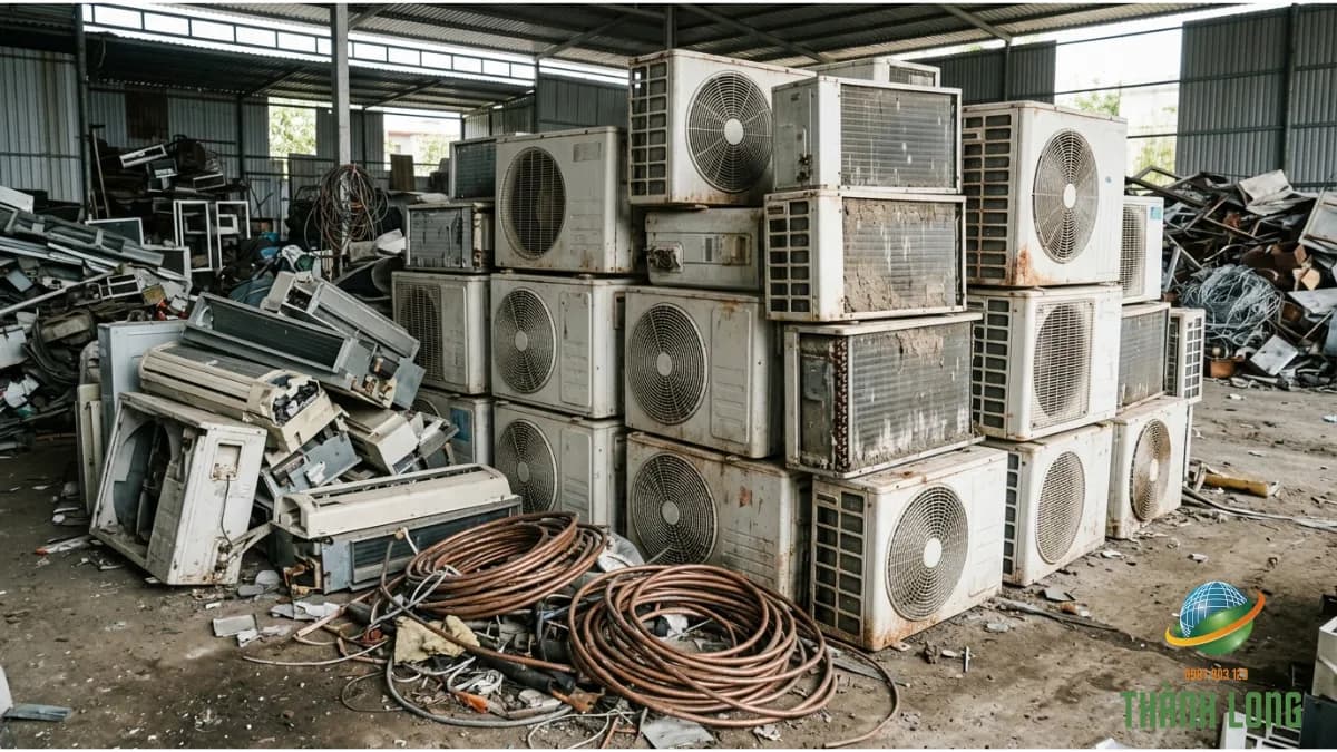 Cục nóng, cục lạnh máy lạnh cũ và cuộn ống đồng chờ phân loại tại kho phế liệu