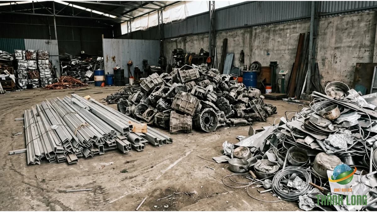 Ba đống nhôm phế liệu đã phân loại: nhôm dẻo, nhôm máy và nhôm thanh định hình