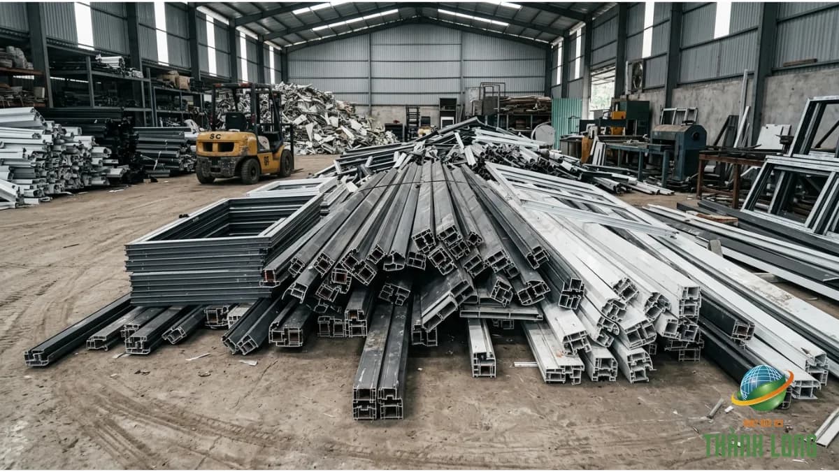 Lô thanh nhôm Xingfa phế liệu được tập kết để phân loại