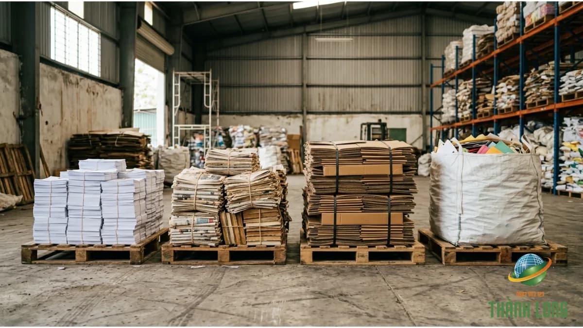 Bốn nhóm giấy vụn đã phân loại riêng trên pallet: giấy trắng, sách báo, carton và giấy tạp