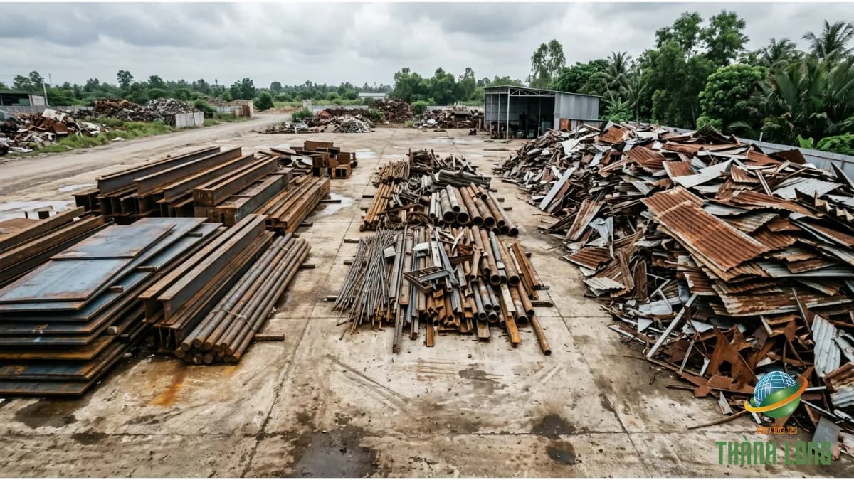 Ba đống sắt phế liệu đã phân hạng: sắt dày loại 1, sắt công trình loại 2 và tôn, sắt mỏng