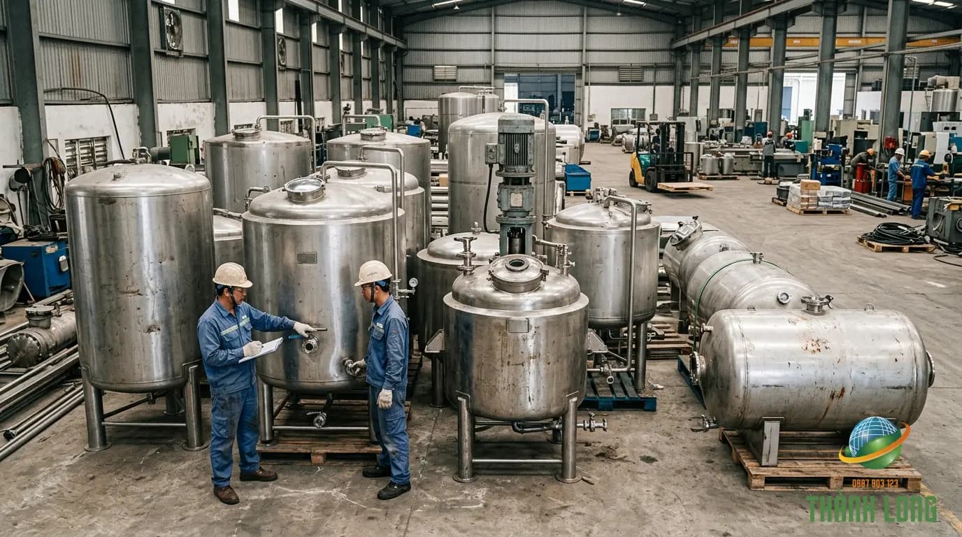 Bồn và thiết bị inox cũ trong nhà xưởng chờ kiểm tra thanh lý