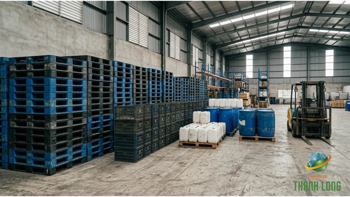 Pallet nhựa cũ, thùng nhựa, can nhựa và phuy nhựa xếp gọn trong kho nhà máy chờ thu mua