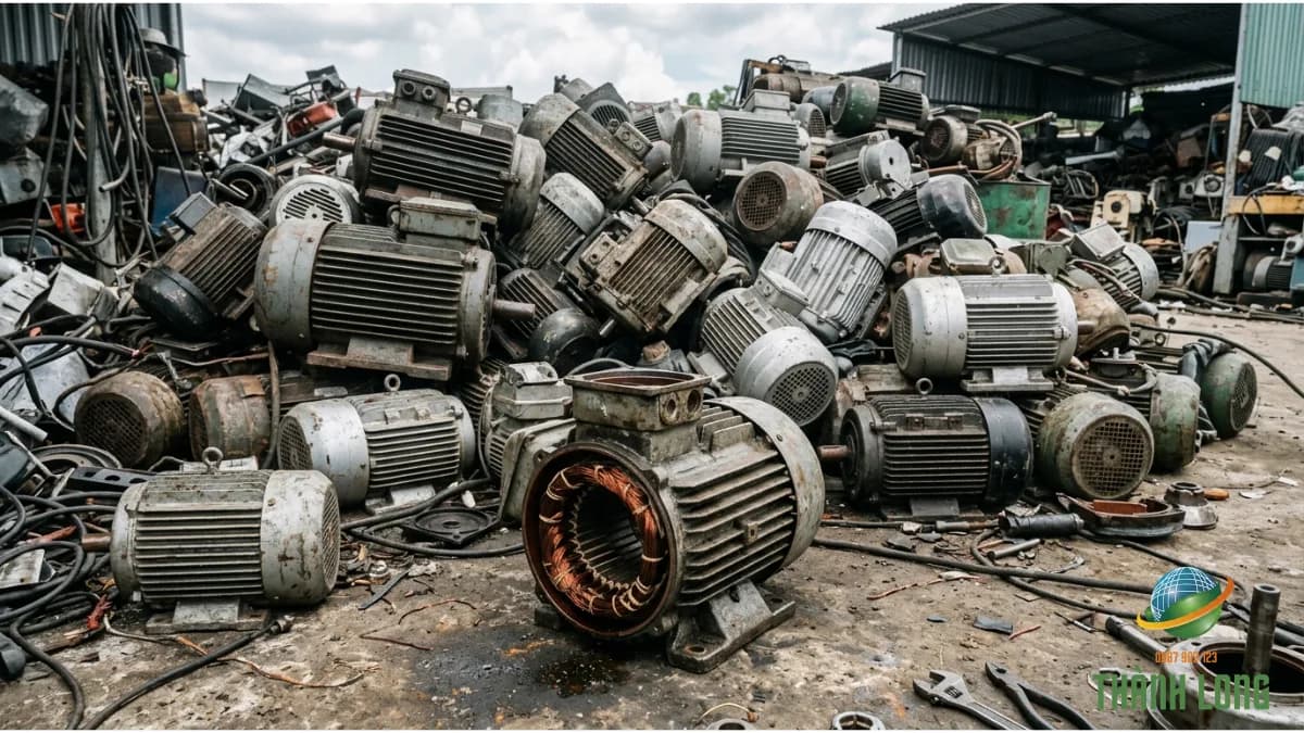 Motor điện phế liệu vỏ gang và vỏ nhôm, một chiếc đã mở nắp lộ bối dây đồng